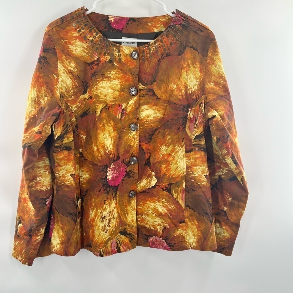 Chico's sz 2 12 L Jacket Brown Pink Floral Watercolor Embellished Button Front